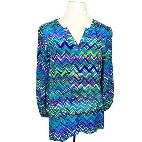 Amanda Uprichard Silk Chevron Pint Long Sleeve Tunic Blouse Top Blue Green Large - Picture 1 of 7